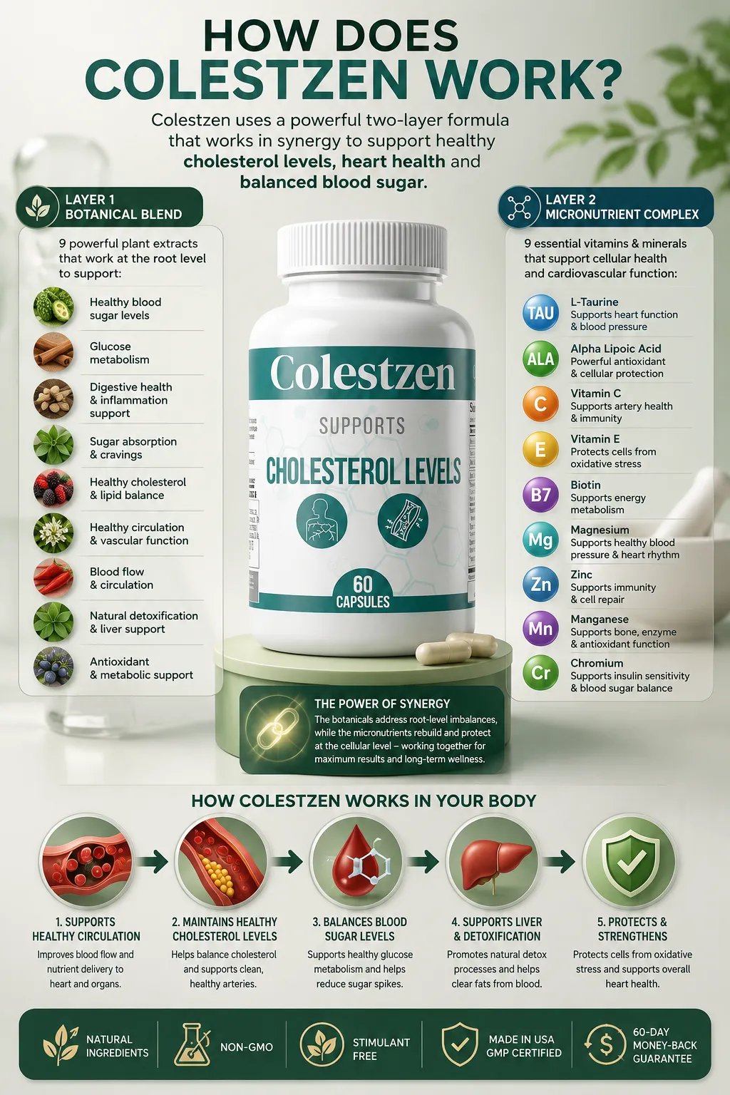 An infographic titled 'HOW DOES COLESTZEN WORK' detailing its dual-layer formula. A central white bottle of Colestzen sits flanked by Layer 1 (Botanical Blend of 9 plant extracts) and Layer 2 (Micronutrient Complex of 9 vitamins and minerals). The bottom showcases a 5-step process on how it works in the body supporting healthy circulation, maintaining healthy cholesterol levels, balancing blood sugar levels, supporting liver and detoxification, and protecting and strengthening heart health. The footer displays trust badges for natural ingredients, non-GMO, stimulant-free, made in USA GMP certified, and a 60-day money-back guarantee.