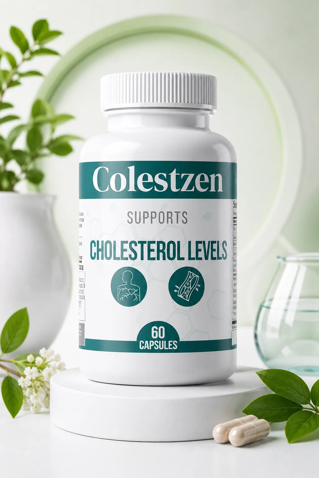 A white supplement bottle of Colestzen, which supports healthy cholesterol levels. The bottle contains 60 capsules and rests on a clean white display stand surrounded by green leaves, small white flowers, and a glass beaker.