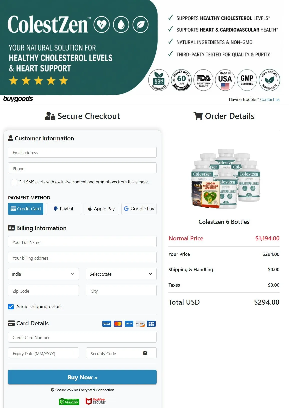A checkout page for Colestzen featuring a 'Secure Checkout' form on the left for customer info, payment methods like Credit Card and PayPal, and card details with a blue 'Buy Now' button. The right side displays the 'Order Details' for the 'Colestzen 6 Bottles' package, showing a normal price of $1,194.00 crossed out, a price of $294.00, and free shipping, handling, and taxes for a total of $294.00 USD. The top header includes the brand name, product benefits, and multiple trust badges.