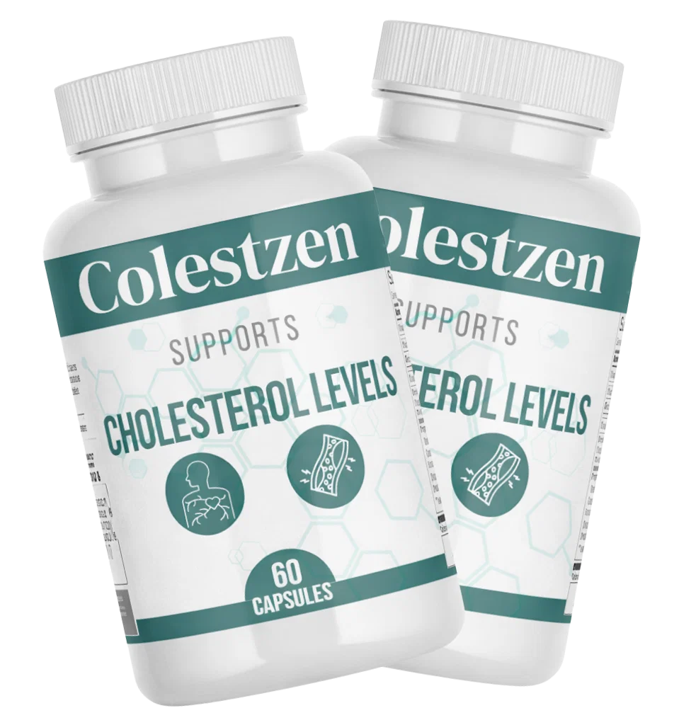 Two white supplement bottles of Colestzen positioned side-by-side against a plain white background. The labels clearly feature the text 'SUPPORTS CHOLESTEROL LEVELS' alongside icons highlighting heart health and arterial circulation, indicating each bottle contains 60 capsules.