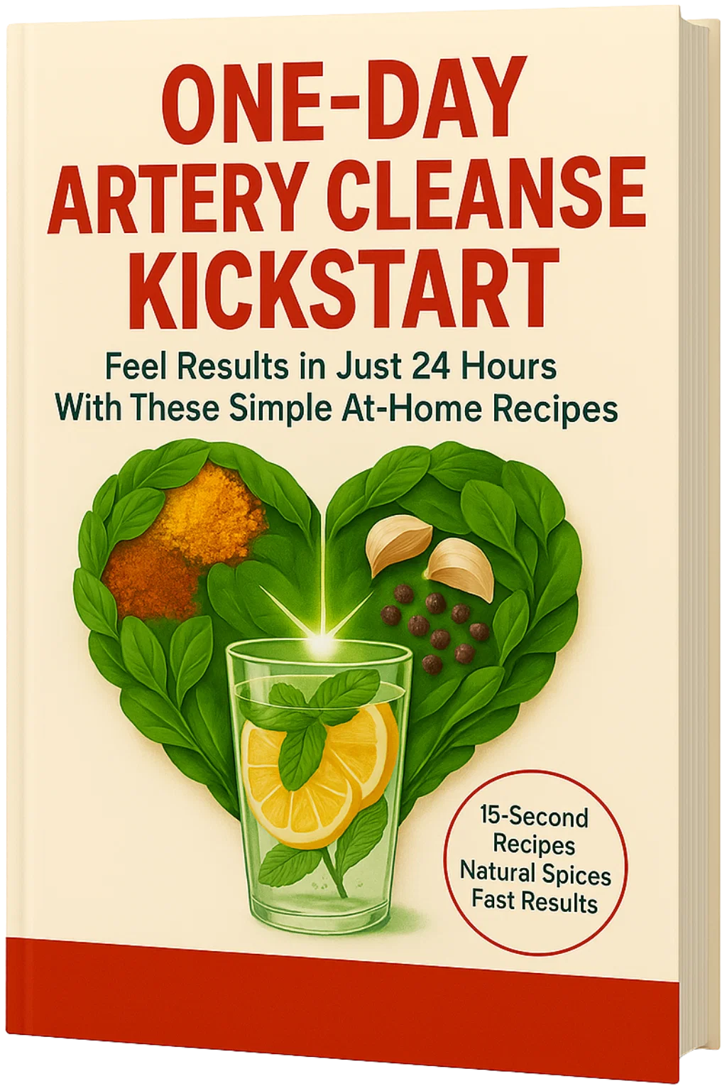 The front cover of a book titled 'ONE-DAY ARTERY CLEANSE KICKSTART' with the subtitle 'Feel Results in Just 24 Hours With These Simple At-Home Recipes'. The cover artwork features a heart shape made of green leaves containing garlic cloves, black peppercorns, and spices, positioned right above a refreshing glass of water with lemon slices and mint leaves. A red circular badge highlights '15-Second Recipes, Natural Spices, Fast Results' against a beige background with a solid red bottom border.