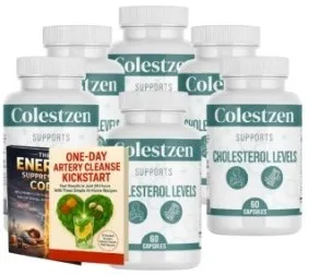 A bundle pack image showing six white bottles of Colestzen dietary supplement for healthy cholesterol support, along with two free bonus books titled 'The Energy Suppression Code' and 'One-Day Artery Cleanse Kickstart'.