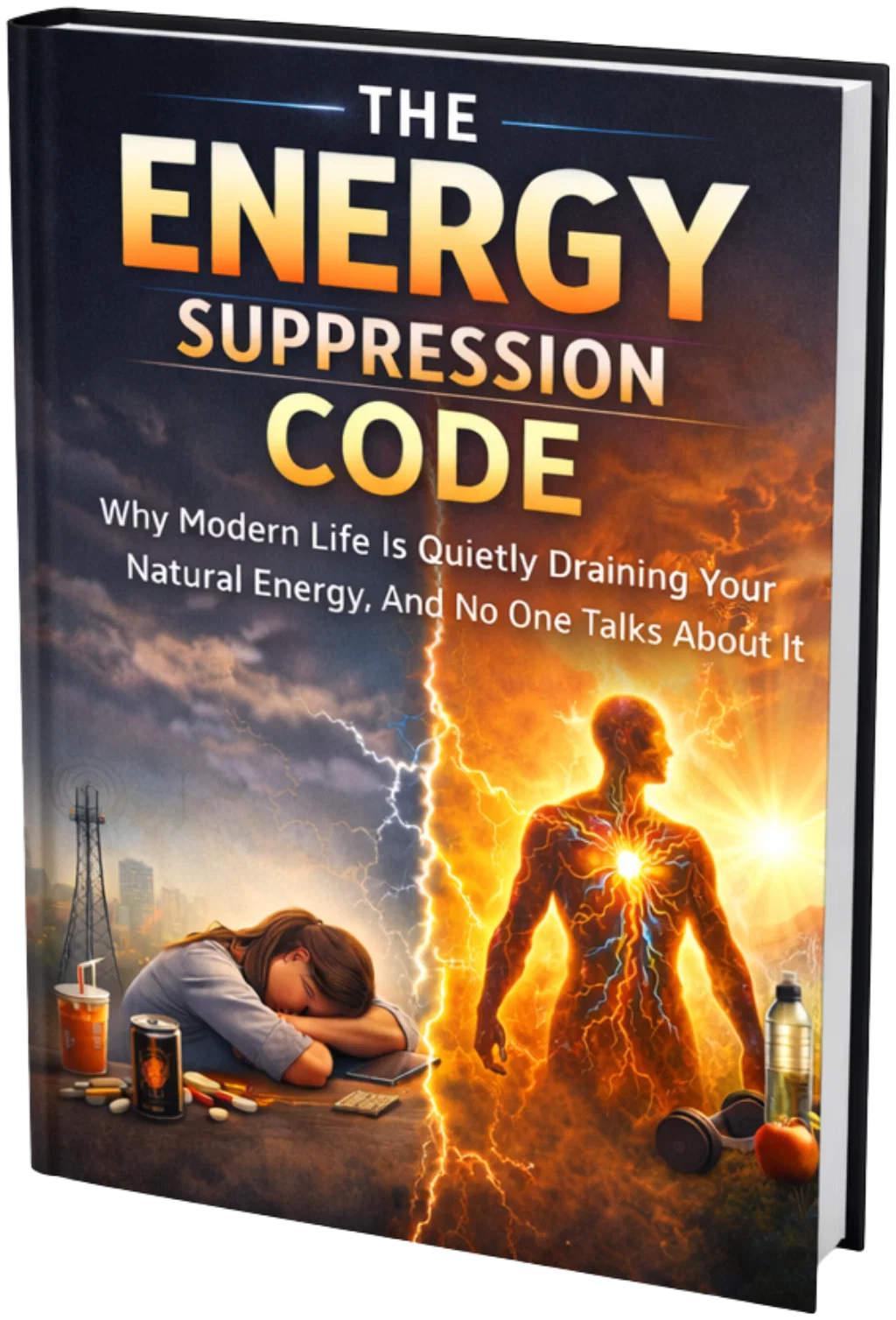 The front cover of a hardcover book titled 'THE ENERGY SUPPRESSION CODE' with the subtitle 'Why Modern Life Is Quietly Draining Your Natural Energy, And No One Talks About It'. The artwork features a stark contrast divided by a lightning bolt the left side shows a fatigued woman sleeping at a desk next to energy drinks, snacks, pills, and a city tower; the right side depicts a glowing, energetic human silhouette bursting with bright orange and yellow energy next to a water bottle, an apple, and dumbbells.